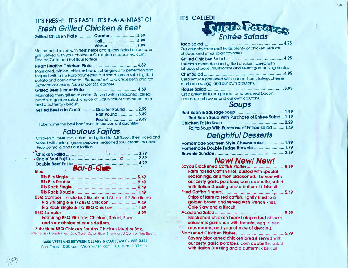 Back of the Super Popeyes menu featuring grilled dishes, fajitas, barbecue, salads, soups, and desserts