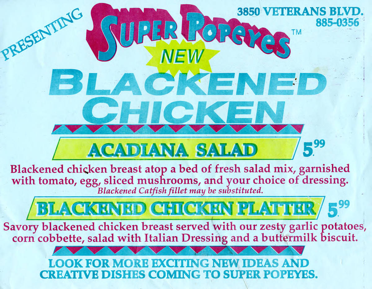 Super Popeyes flyer advertising new blackened chicken, Acadiana Salad, and a blackened chicken platter